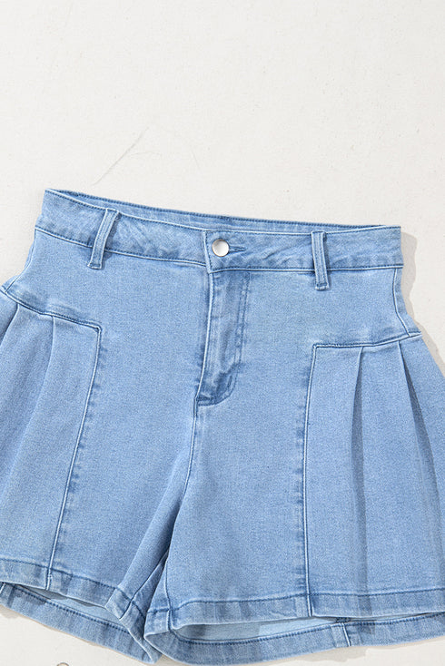 Pleated Patchwork Wide Leg Lightweight Denim Shorts